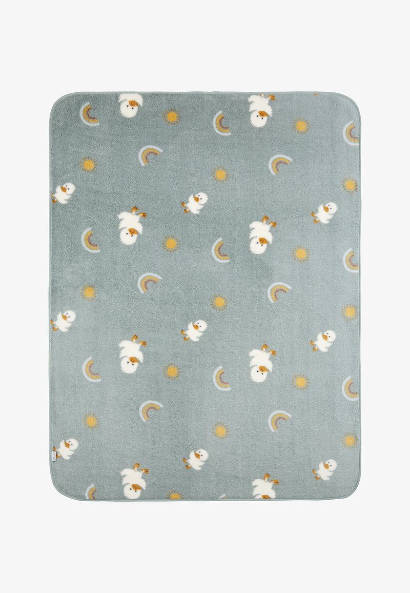 Light blue fleece blanket with a playful pattern of ducks, suns, and rainbows. Soft texture with rounded edges and a comfortable design.