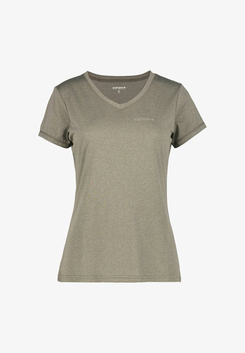 T-shirt med V-hals og korte ærmer i olivengrøn, lavet af blødt, åndbart materiale. Har en diskret logo på brystet. Glat tekstur.