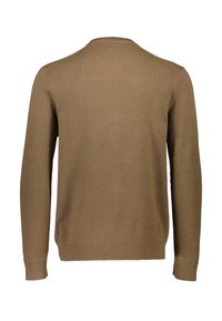 Brun stickad tröja med klassisk rund halsringning, långa ärmar och ribbad fåll. Tillverkad av mjukt tyg med en slät textur.