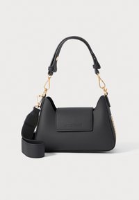 Black faux leather handbag with a structured shape, gold hardware, a short handle, and a detachable strap. Embossed logo on the front.