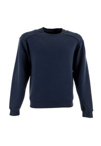 Felpa blu navy con scollo rotondo, maniche lunghe e polsini e fondo a coste. Realizzata in un materiale liscio e morbido. Senza loghi visibili.