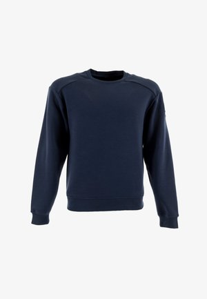 Sudadera azul marino con cuello redondo, mangas largas y puños y dobladillo de canalé. Hecha de un material suave y liso. Sin logotipos visibles.