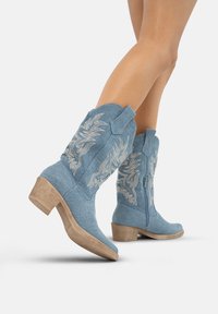 Botas vaqueras de denim de color azul claro, con patrones florales bordados en blanco y un tacón de madera. Presentan un cierre con cremallera en el lado.