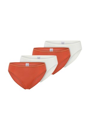 Fünf Paare Damen-Baumwollslips in abwechselnden Farben von verbranntem Orange und Cremeweiß, angeordnet in einer versetzten überlappenden Reihe.