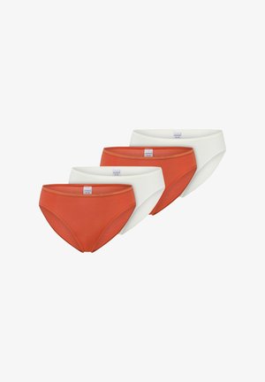 Five pairs of women's cotton briefs in alternating colors of burnt orange and off-white, arranged in a staggered overlapping row.