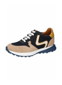 Sportskor med en beige mocka tådel, kropp i marinblå nät, vita snören och gula accenter. Har en texturerad sula för bra grepp.