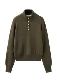 Suéter de punto verde oliva con un alto cuello, con una tapeta de seis botones y un dobladillo y puños acanalados para un aspecto texturizado.