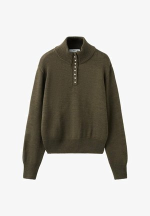 Pull en maille vert olive avec un col montant, doté d'une patte de boutonnage à six boutons et d'un ourlet et de poignets côtelés pour un look texturé.