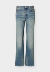 Ανοιχτό μπλε τζιν παντελόνι με ίσια γραμμή, ξεθωριασμένο πλύσιμο, διακριτικές φθορές, εμπρόσθιο κουμπί και σχεδιασμό με πέντε τσέπες.