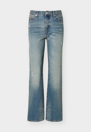 Světle modré džíny s rovným střihem nohavic, s vybledlým efektem, jemným opotřebením, předními knoflíky a pětipravkovým designem.