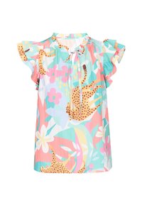 Blusa a maniche corte con pattern floreale caratterizzata da colori pastello, spalle arruffate e motivi leopardati su un tessuto testurizzato.