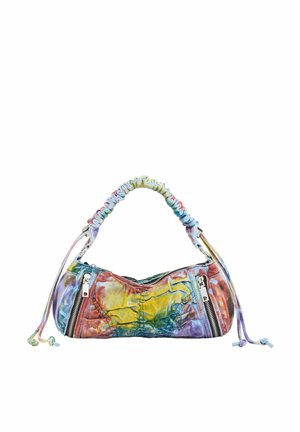 Kleurrijke tie-dye schoudertas met geplooide handgreep, twee verticale ritssluitingen aan de voorkant en verstelbare trekkoorddetails aan de zijkanten.