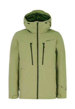 Hellgrüne Kapuzenjacke mit Frontreißverschluss, zwei vertikalen Reißverschlüssen an der Brust, Seitentaschen und verstellbaren Handgelenkriemen, Marke "Protest".