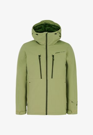 Hellgrüne Kapuzenjacke mit Frontreißverschluss, zwei vertikalen Reißverschlüssen an der Brust, Seitentaschen und verstellbaren Handgelenkriemen, Marke "Protest".