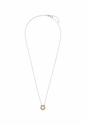 Silberne Kettenhalskette mit einem runden Anhänger und roségoldenen Akzenten, verziert mit funkelnden klaren Steinen, glänzende Oberfläche.