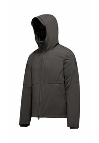 Giacca softshell grigia con cappuccio, dotata di zip completa, pannello frontale testurizzato e tessuto liscio e leggero.