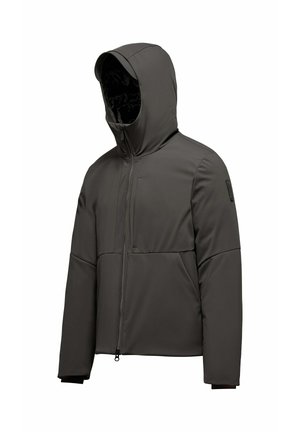 Grijze softshell jas met capuchon, voorzien van een volledige rits, een gestructureerd voorpaneel en een gladde, lichte stof.
