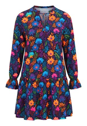 Langarmkleid mit lebhaften orangen, blauen, pinken und violetten Blumenmustern, mit rundem Ausschnitt, vorne gebunden und gerafften Bündchen.