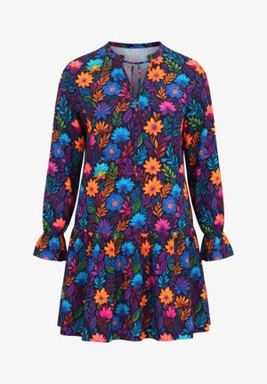 Robe à manches longues avec des motifs floraux vibrants orange, bleu, rose et violet, dotée d'un col rond avec un lien à l'avant et des poignets froncés.
