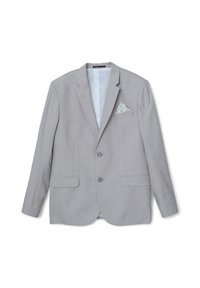 Helles grau maßgeschneidertes Blazer mit Revers, zwei Knöpfen, Klappentaschen und einem gemusterten weißen Taschentuch.