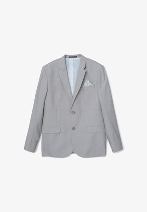 Blazer ajusté gris clair avec des revers en pointe, deux boutons, poches à rabat et un pochette blanche à motifs.