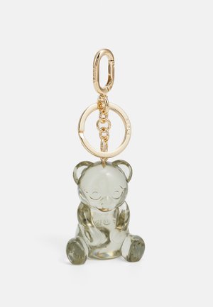 Clear green glass bear keychain pendant with a gold metal loop and chain. Bear features rounded ears and embossed detailing on the front.