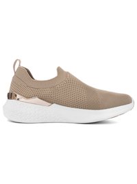 Beige knit slip-on sneaker with textured white sole and metallic accent on heel, featuring a pull tab at the back for easy wear.