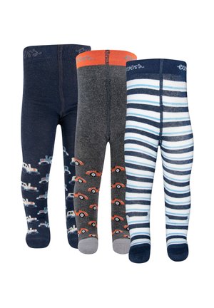 Drei Paar Kinderstrumpfhosen: marineblau mit weißen und hellblauen Autos, grau mit orangen Autos und orangefarbenem Bund sowie weiß mit marineblauen und hellblauen Streifen.