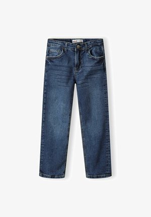 Jeans de denim azul oscuro con corte recto, diseño de cinco bolsillos y detalles de costura. Cierre de botón en la cintura e incluye pasadores para cinturón.