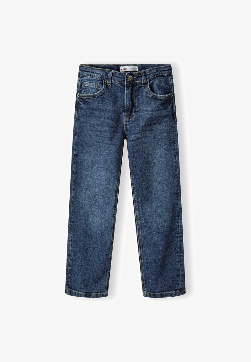 Tumedat sinised denim teksad otse lõikega, viie tasku disainiga ning tikkimisaktsentidega. Nööbiga sulgemine vööl ja vöörihmade augud on kaasas.