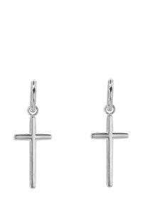 Silberfarbene Kreuz Ohrringe mit polierter Oberfläche, die ein einfaches Design und eine kleine Ringbefestigung aufweisen. Länge etwa 3 cm.