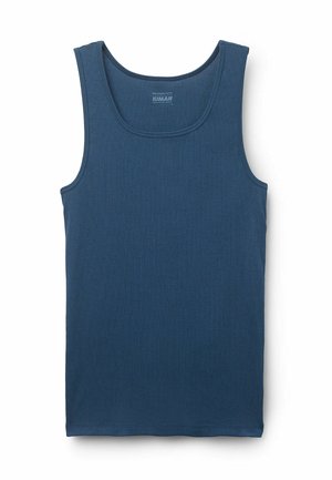 Camiseta de tirantes de color azul oscuro con cuello redondo y amplias sisas. Fabricada en suave tela de algodón, presenta un dobladillo inferior sin costuras.