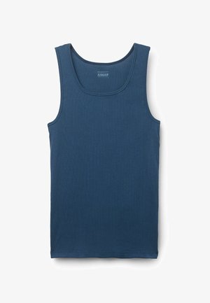 Camiseta de tirantes de color azul oscuro con cuello redondo y amplias sisas. Fabricada en suave tela de algodón, presenta un dobladillo inferior sin costuras.