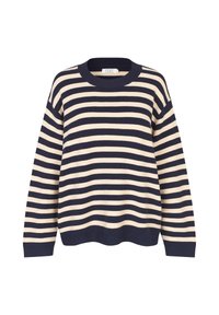Gestreifter Pullover in Marineblau und Creme, mit geripptem Textur, Rundhals, langen Ärmeln und lockerer Passform. Ohne sichtbare Verschlüsse.