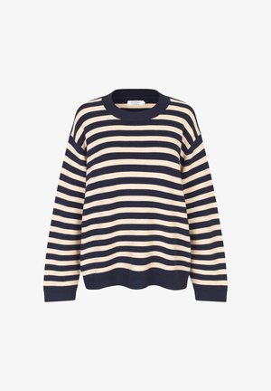 Gestreifter Pullover in Marineblau und Creme, mit geripptem Textur, Rundhals, langen Ärmeln und lockerer Passform. Ohne sichtbare Verschlüsse.