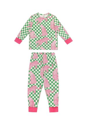 Zweiteiliges Kinder-Pyjama-Set mit grün-weiß kariertem Muster, rosa Leopardenillustrationen und einfarbigen rosa Bündchen.