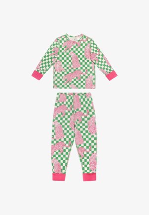 Set pigiama per bambini in due pezzi con motivo a scacchi verde e bianco, illustrazioni di leopardi rosa e polsini rosa tinta unita.
