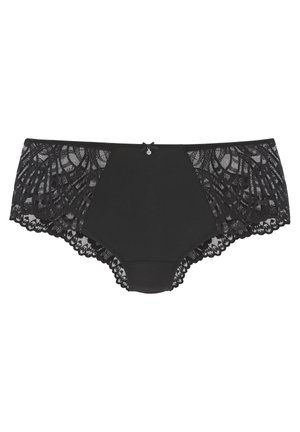Schwarze Spitzenunterhose mit einem einfarbigen schwarzen Vorderteil. Sie verfügt über filigrane Spitzenpaneele an den Seiten und ein kleines Schleifenakzent an der Vordermitte.