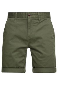 Oliivinvihreät shortsit, jotka on valmistettu pehmeästä puuvillasta. Varustettu nappisuljennalla, vyölenkeillä ja käännetyillä lahkeilla. Liukas pinta ilman näkyviä kuvioita.