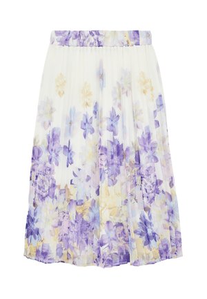 Gonna plissettata bianca con motivo floreale in tonalità di viola, blu e giallo pallido, con una fascia elastica in vita.