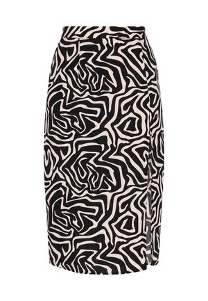 Schwarzer und cremefarbener Bleistiftrock mit einem welligen, abstrakten Muster, seitlichem Schlitz und glatter Textur. Taillierte Passform mit einem sauberen Bund.