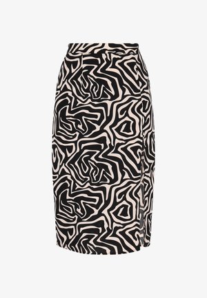 Black and cream pencil skirt featuring a wavy abstract pattern, with a side slit and smooth texture. Tailored fit with a clean waistband.