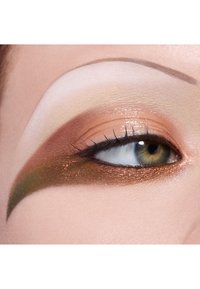 Gros plan sur un œil avec un fard à paupières aux teintes multiples de brun, vert et un léger éclat, avec des sourcils bien dessinés et un eyeliner foncé.