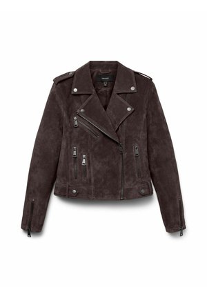 Veste biker en daim brun foncé avec fermeture éclair asymétrique à l'avant, plusieurs poches zippées, revers à boutons et épaulettes.