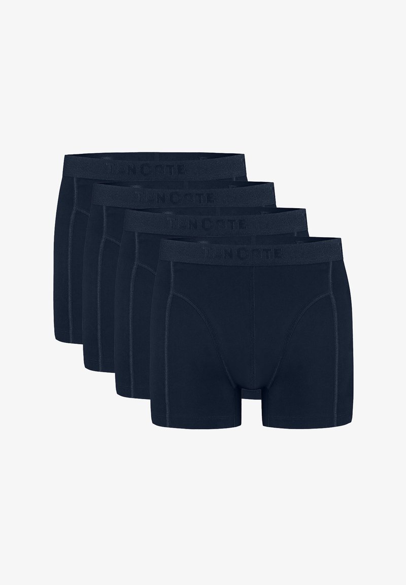 Cinq paires de boxers bleus navy avec une texture lisse, dotés d'une large ceinture élastique avec le logo en relief "Ten Cate".