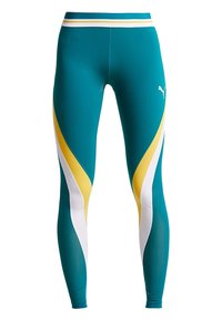 Turkusowe legginsy z białymi i żółtymi akcentami, charakteryzujące się dopasowanym krojem, elastycznym materiałem oraz wysokim pasem z wielokolorowymi paskami.