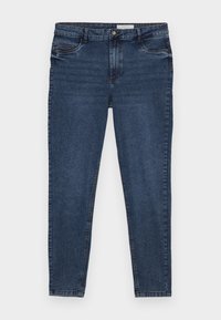 Dark blue denim jeans with a slim fit, five-pocket design, and gold stitching. Features a zip fly and button closure. Smooth texture.