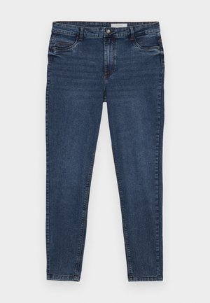 Donkerblauwe spijkerbroek met een slim fit, vijfzakkenontwerp en gouden stiksel. Voorzien van een ritssluiting en knoopsluiting. Glad textuur.