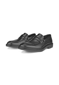 Coppia di mocassini slip-on in pelle nera con tacco basso e dettaglio con cinturino sulla parte superiore, mostrati su sfondo bianco.