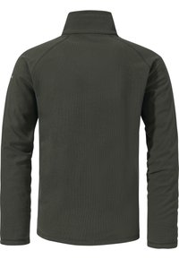 Dunkelgrüne Fleecejacke mit langen Ärmeln und hohem Kragen, sichtbaren Nahtnähten, von hinten auf einem weißen Hintergrund gezeigt.